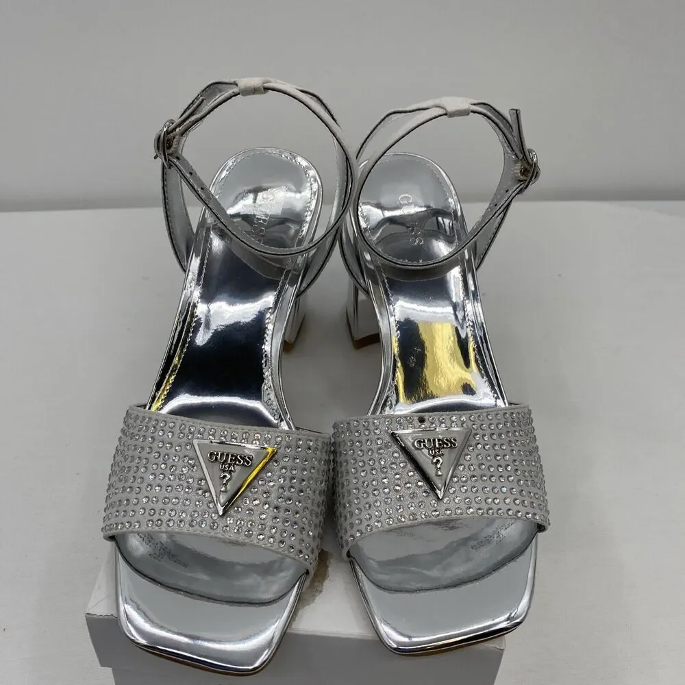 Guess Womens Gelya Silver Ankle Strap Dressy Heels 6 Medium (B,M)